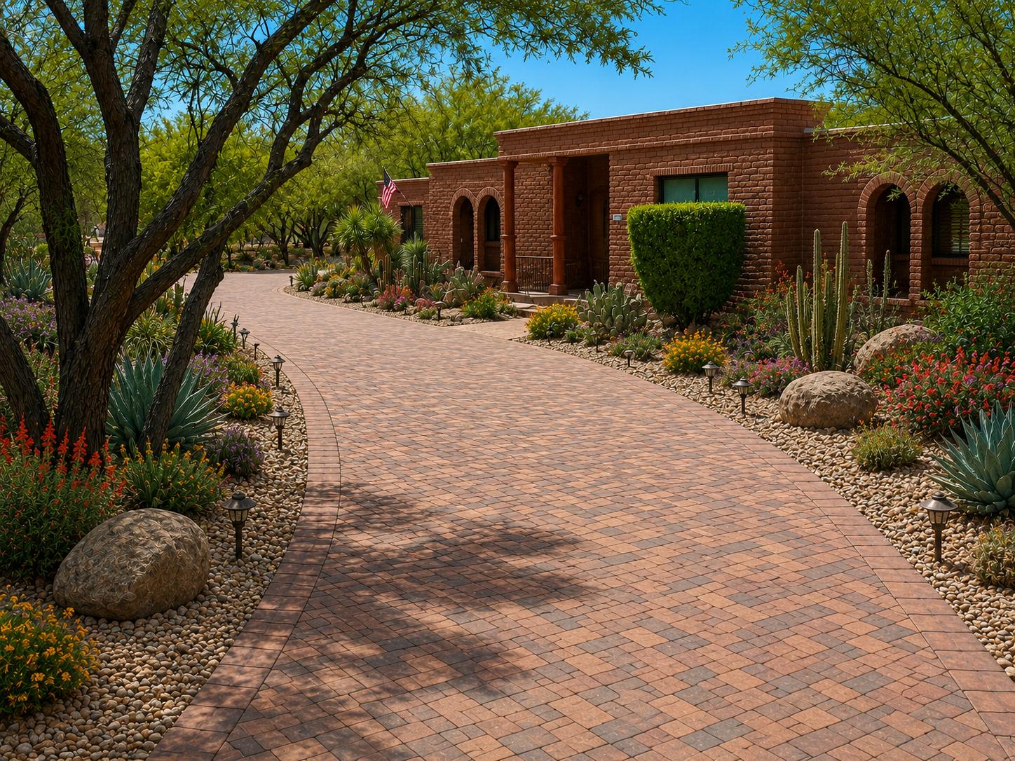 Brick paver driveway and desert landscape at an Arizona home