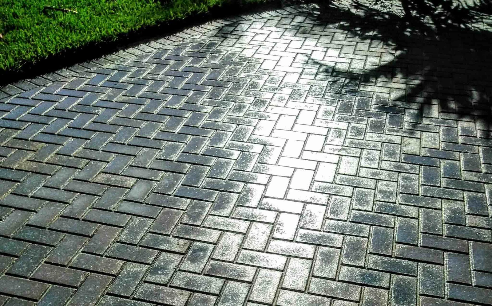 Dark herringbone pavers with sunlight and grass border in Phoenix Arizona