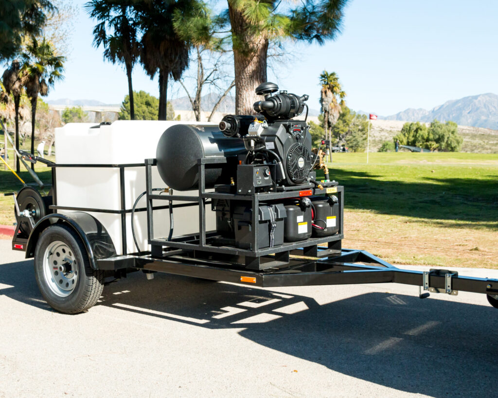 Trailer-mounted hot-water pressure cleaning equipment used for paver sealing preparation in Phoenix Arizona