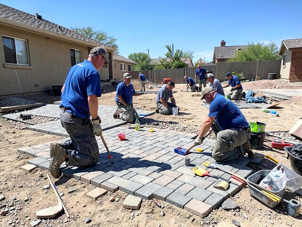 Blue Ribbon crew installing brick pavers on an Arizona driveway project