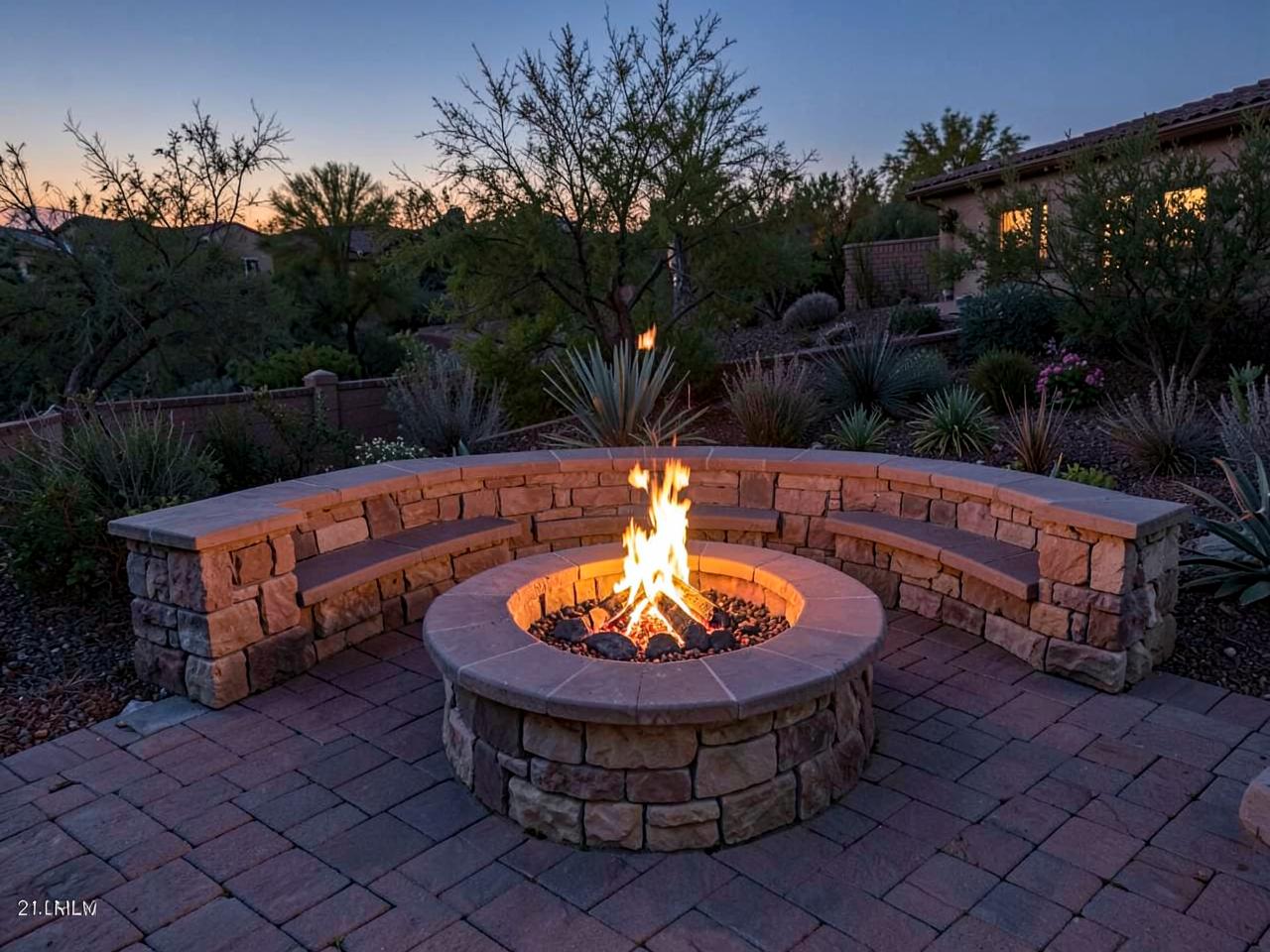 Custom stone fire pit and seating wall on a paver patio in Phoenix Arizona