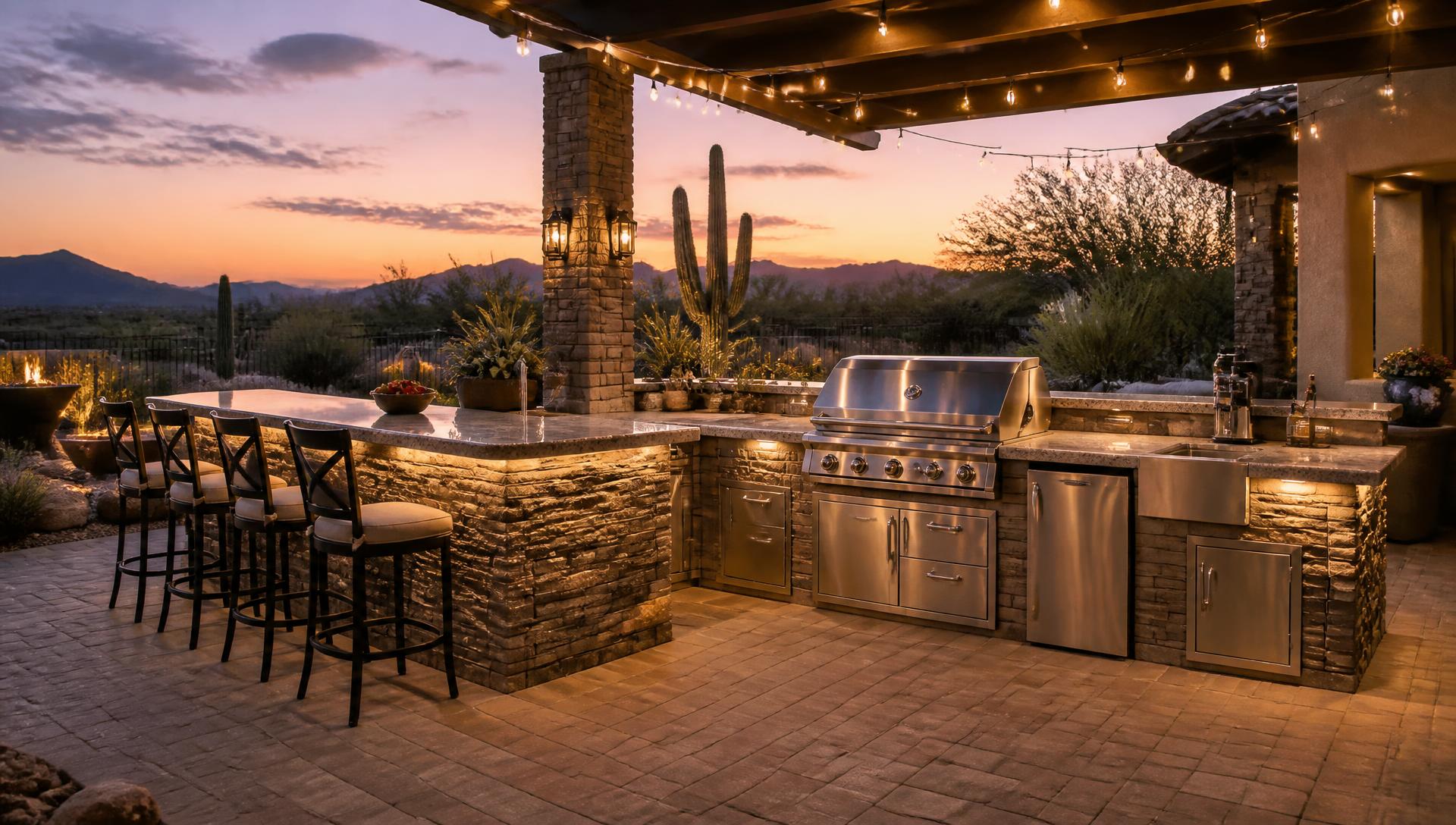 Outdoor kitchen with built-in BBQ island on a paver patio in Phoenix Arizona