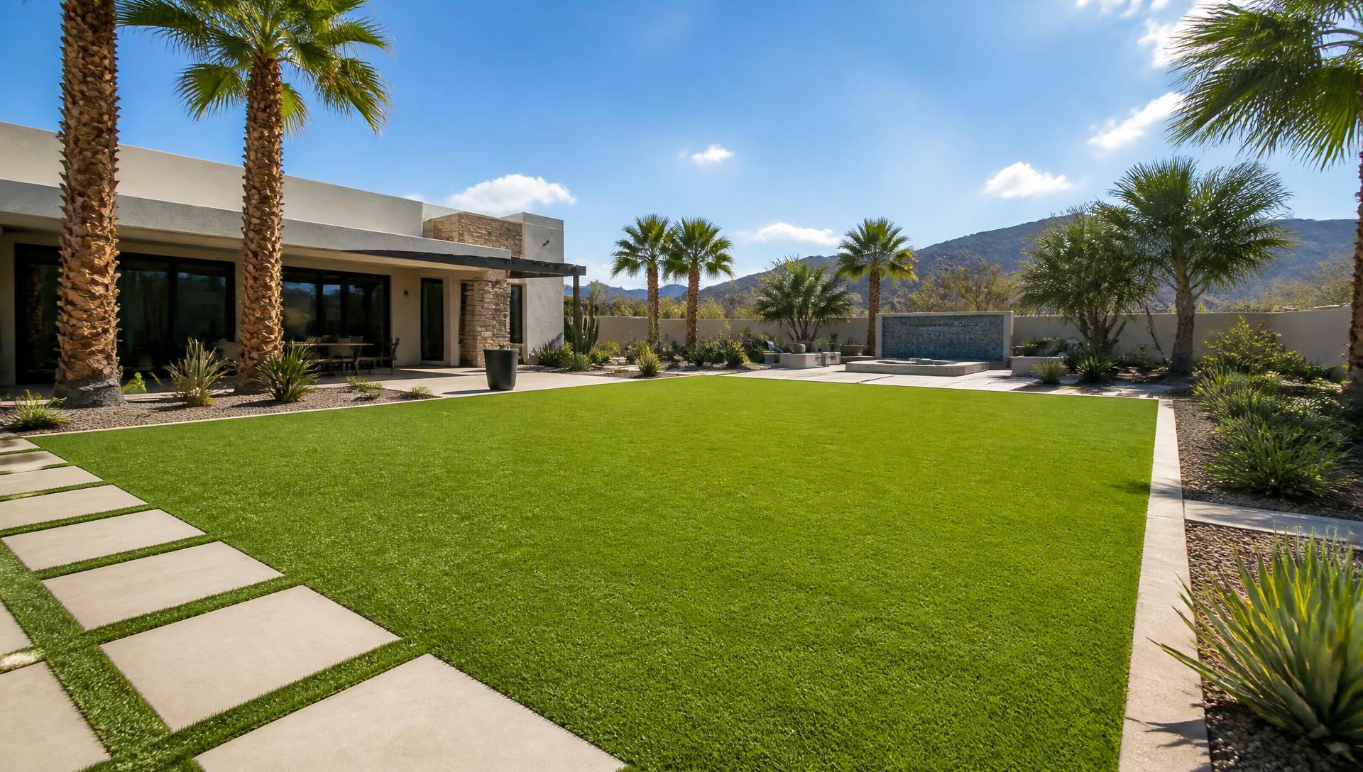 Artificial grass backyard with paver stepping stones at a Phoenix Arizona home